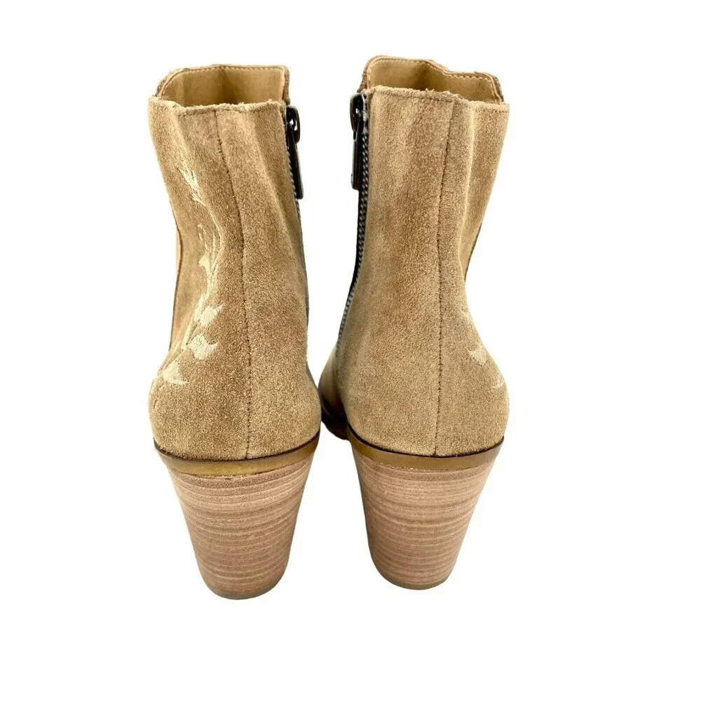 Lucky Brand Boots Suede Embroidered Ankle Boots Tan Heel Leather SZ 6 New